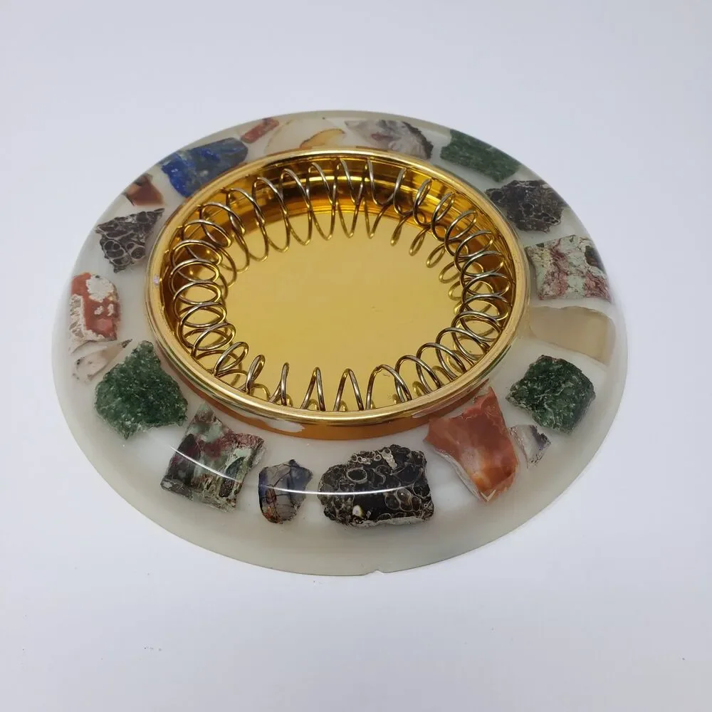 Vintage Mid-Century Modern Lucite Ashtray Real Semi-Precious Stones Gold Insert